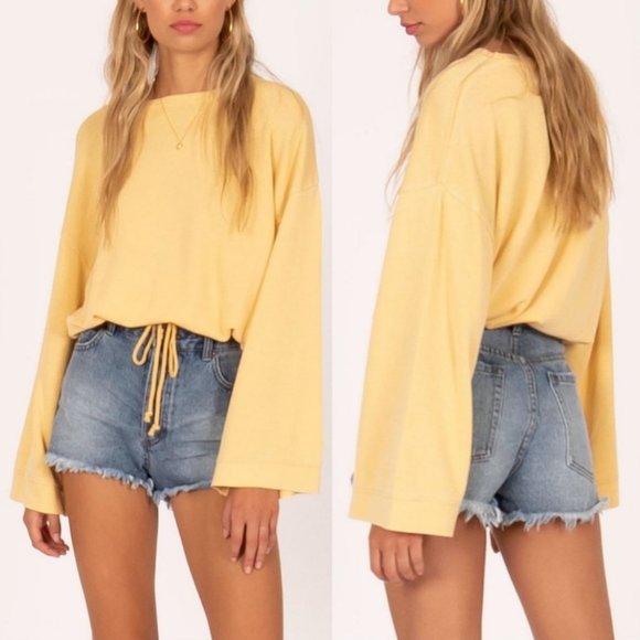 Revolve Mustard Yellow Bell Sleeve Sweatshirt Drawstring Waist Size Medium Top M - Picture 1 of 12